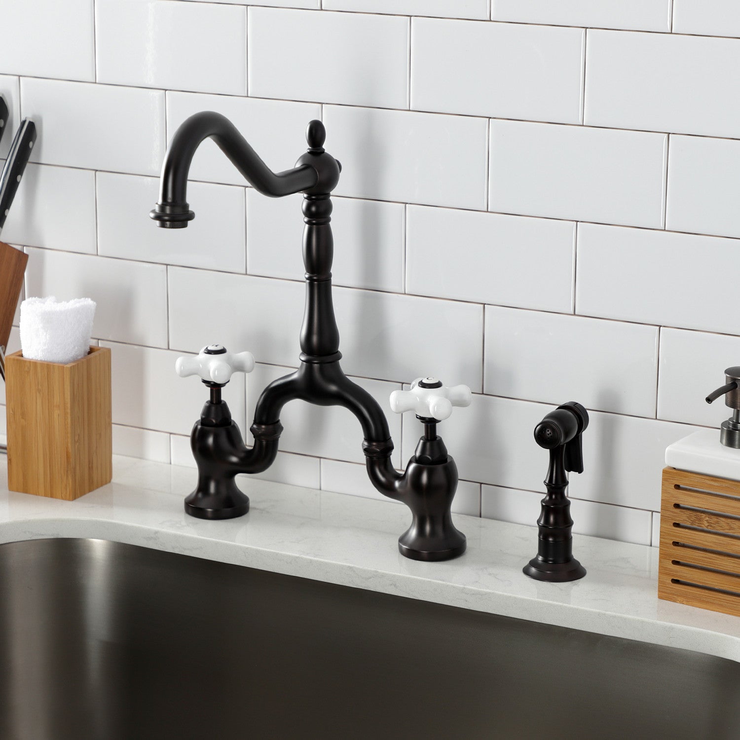 Kingston Heirloom KS7755PXBS - English Country Two-Handle 3-Hole Deck Mount Bridge Kitchen Faucet with Brass Sprayer, Oil Rubbed Bronze — thumbnail 2